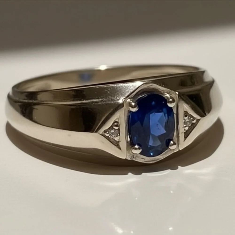 New IBGoodman 10k Yellow Gold Men’s Blue Sapphire & Diamond Satin Ring - Size 10
